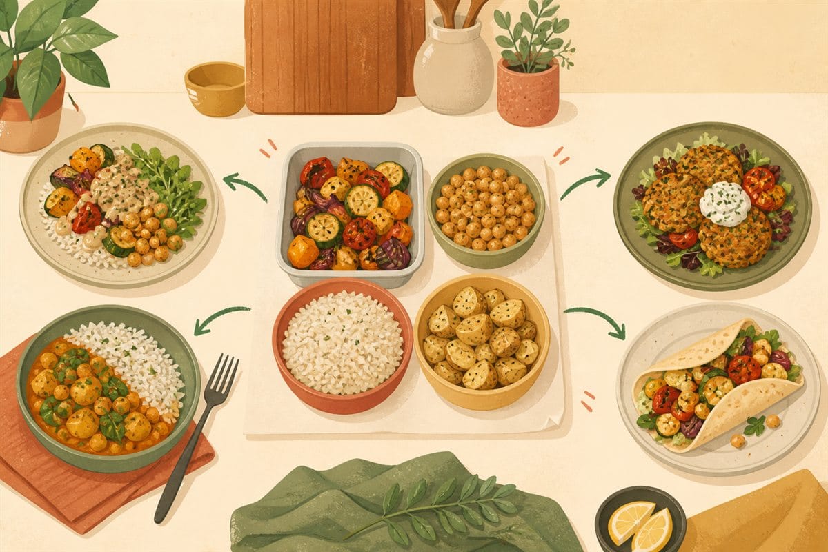 Verduras, garbanzos, arroz y patatas combinados en diferentes platos semanales